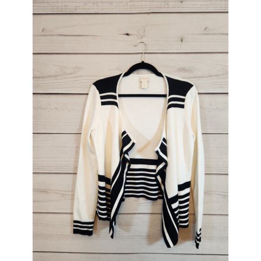 Chico's Womens White Black Striped Long Sleeve Open Front Cardigan Sweater Sz S‎